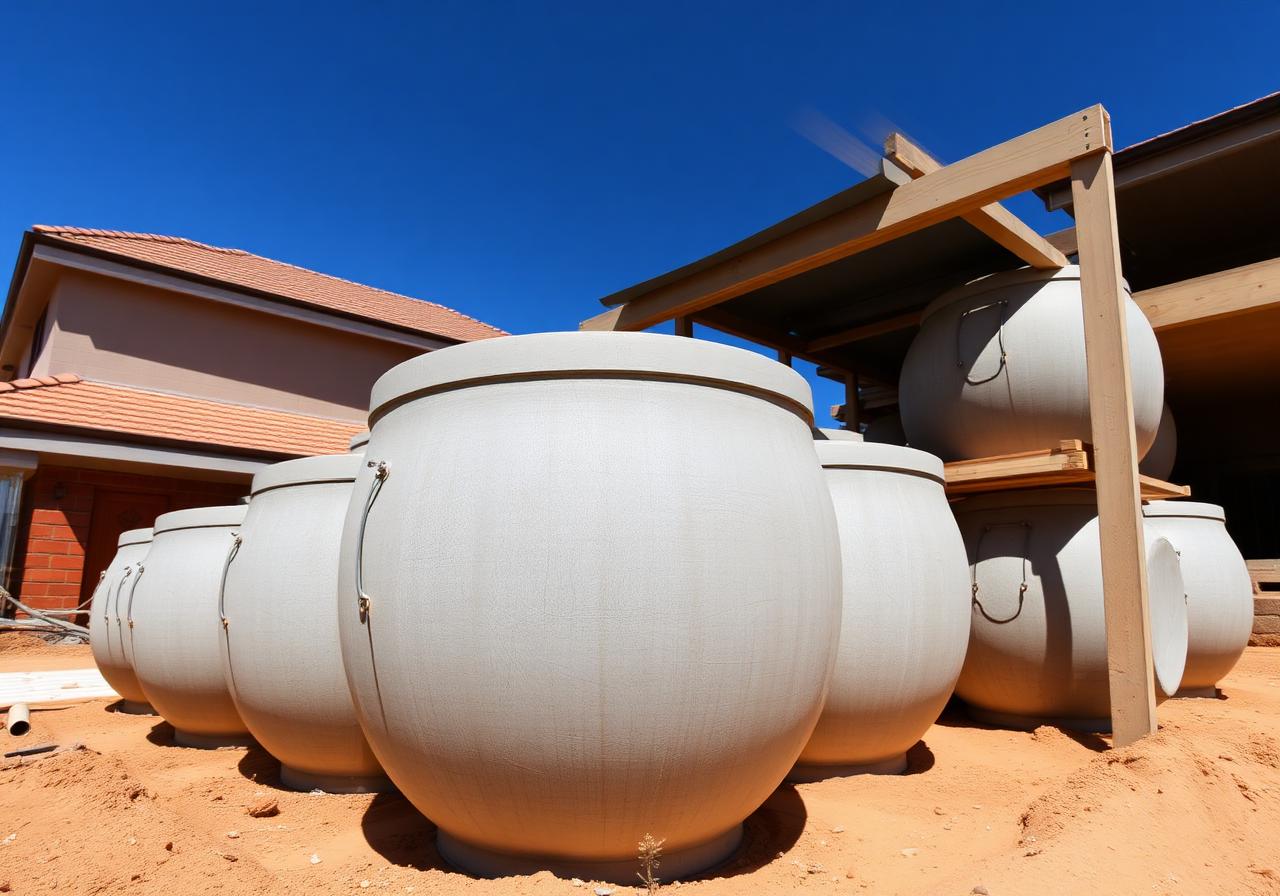 Stack of round concrete soakwells ready for installation